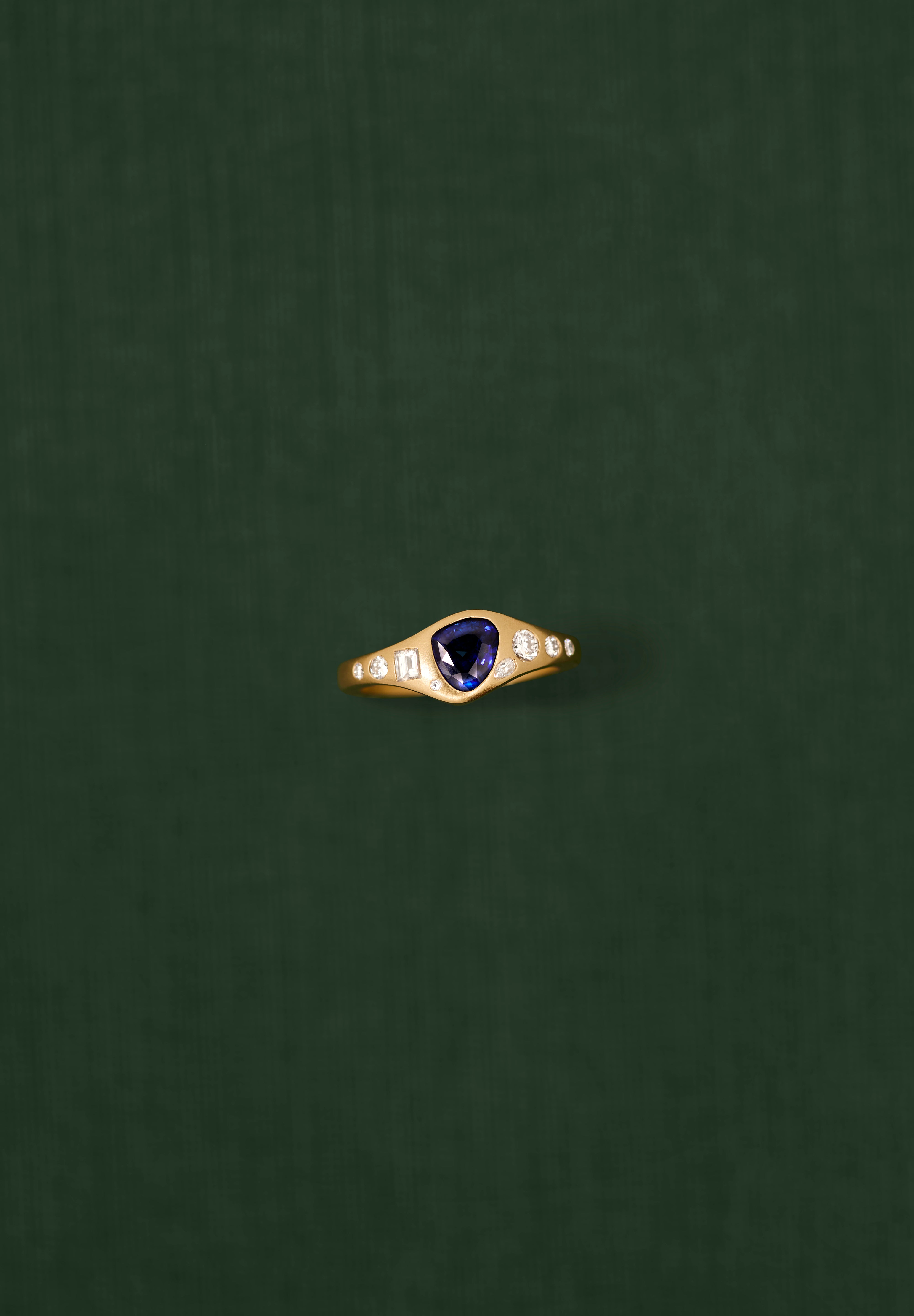 18K gold Astra ring with blue sapphire and diamonds — handcrafted diamond ring — artisan fine jewelry — Sun Rae