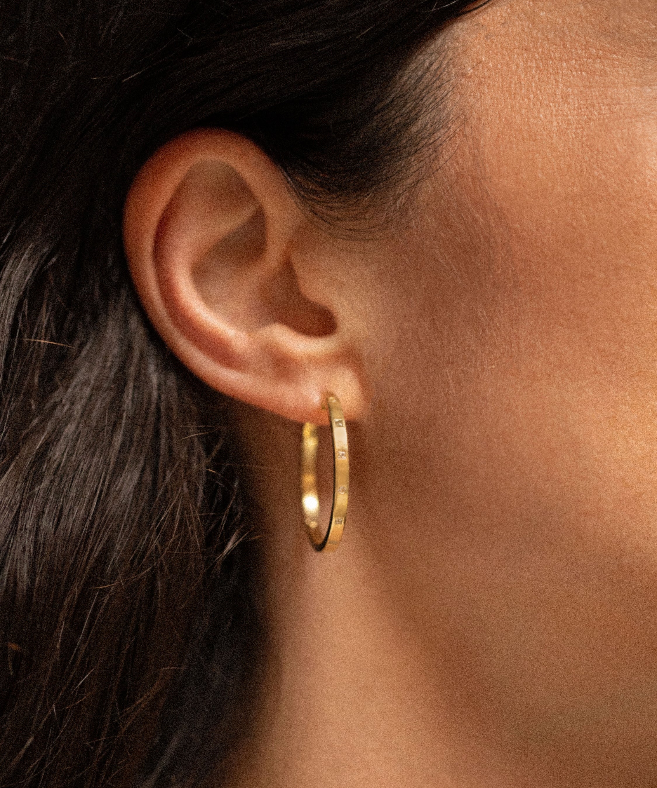 18K gold Eternity Hoops worn — artisan handcrafted fine earrings — White sapphire— Sun Rae
