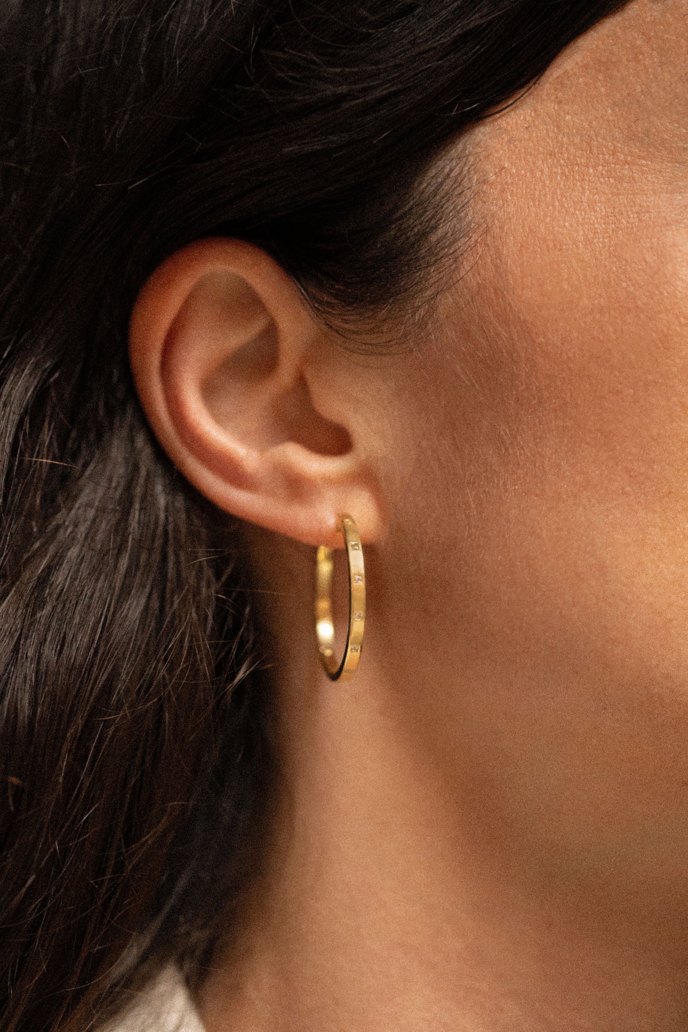 18K gold Eternity Hoops worn — artisan handcrafted fine earrings — White sapphire— Sun Rae