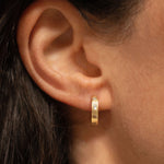 18K gold eternity huggie earrings worn— handcrafted gold huggies white sapphire— artisan jewelry — Sun Rae