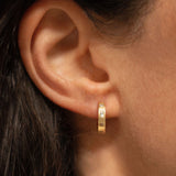 18K gold eternity huggie earrings worn— handcrafted gold huggies white sapphire— artisan jewelry — Sun Rae
