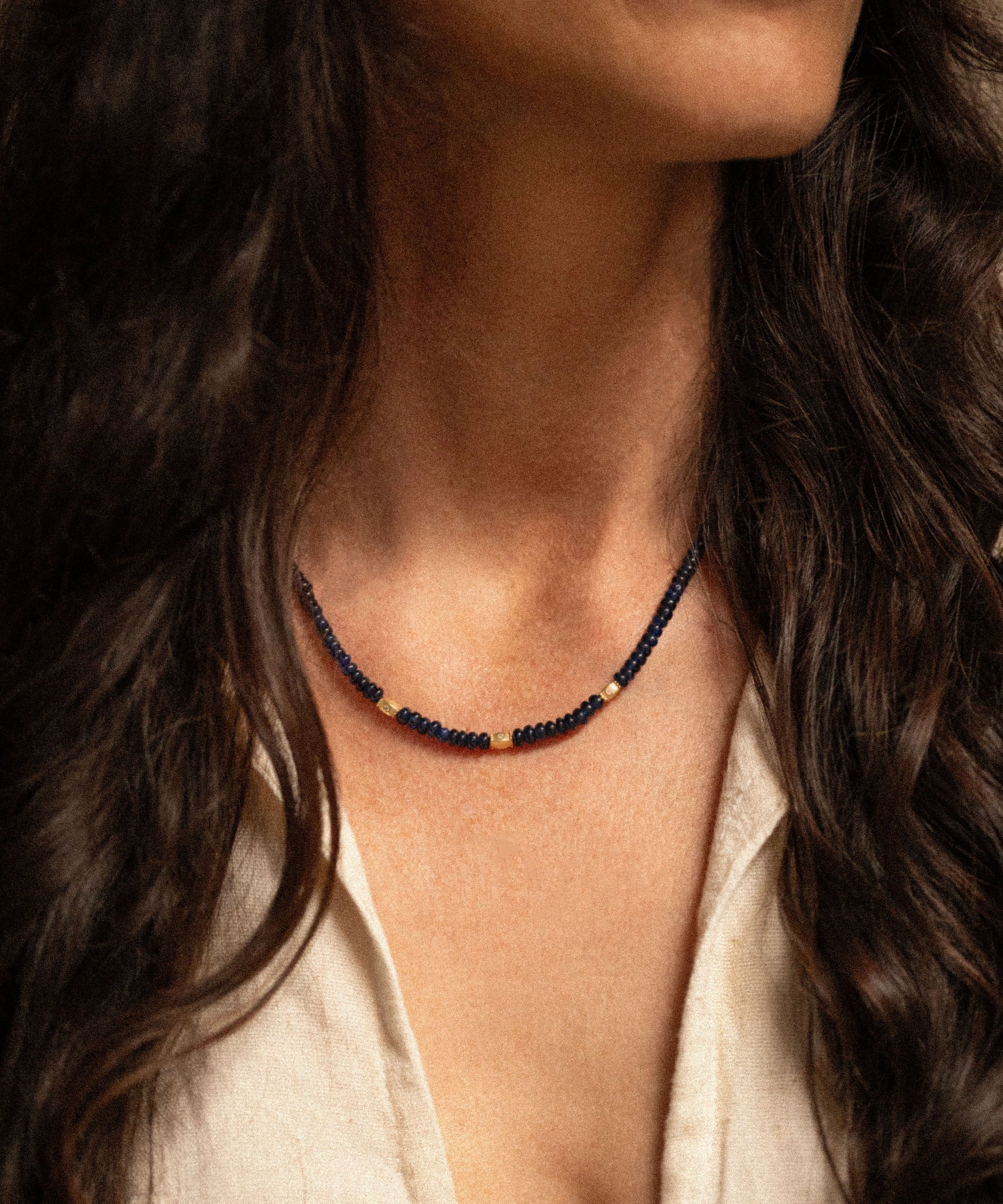 18K gold blue sapphire beaded necklace  with diamonds— artisan ethnic jewelry India — Sun Rae