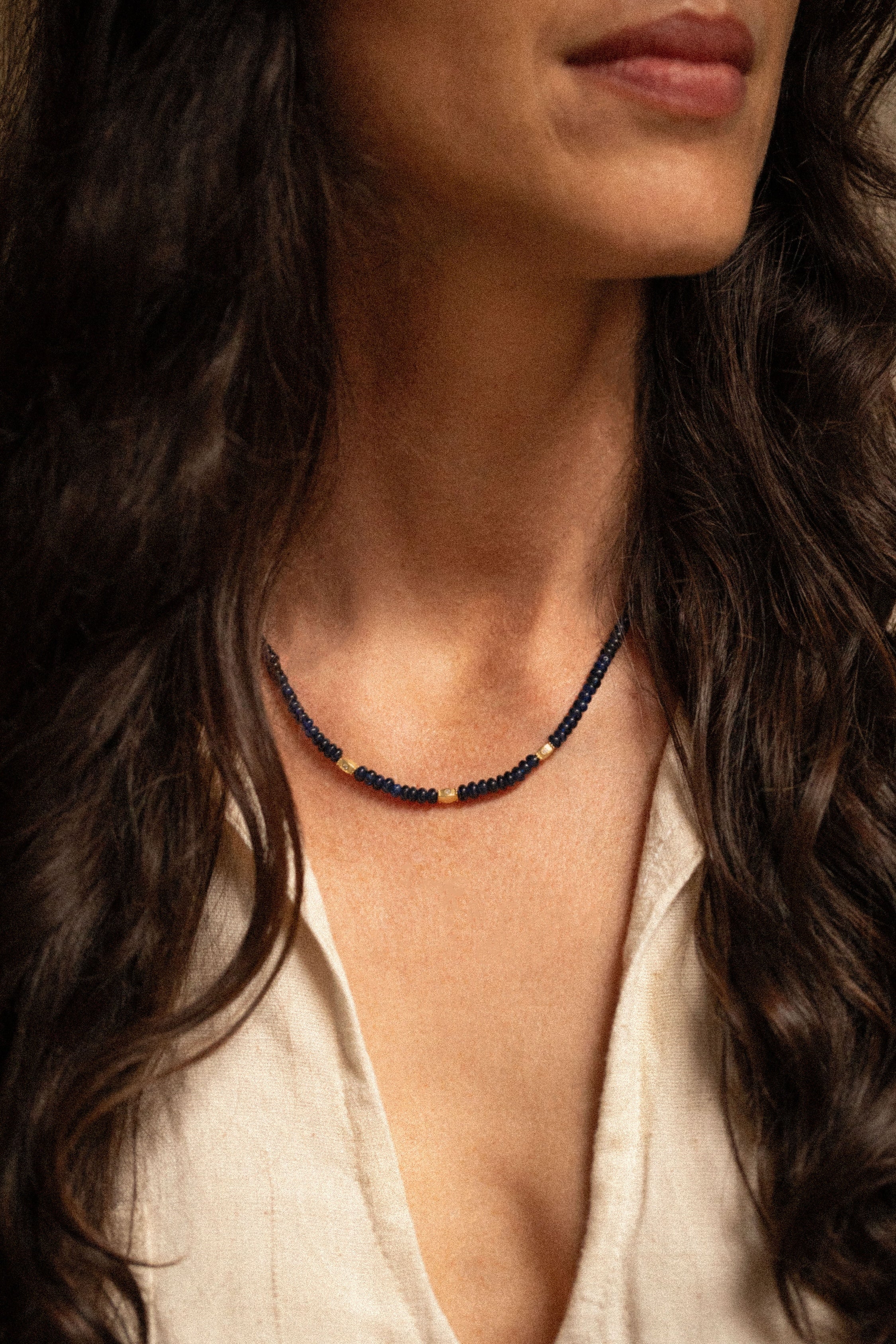 18K gold blue sapphire beaded necklace  with diamonds— artisan ethnic jewelry India — Sun Rae