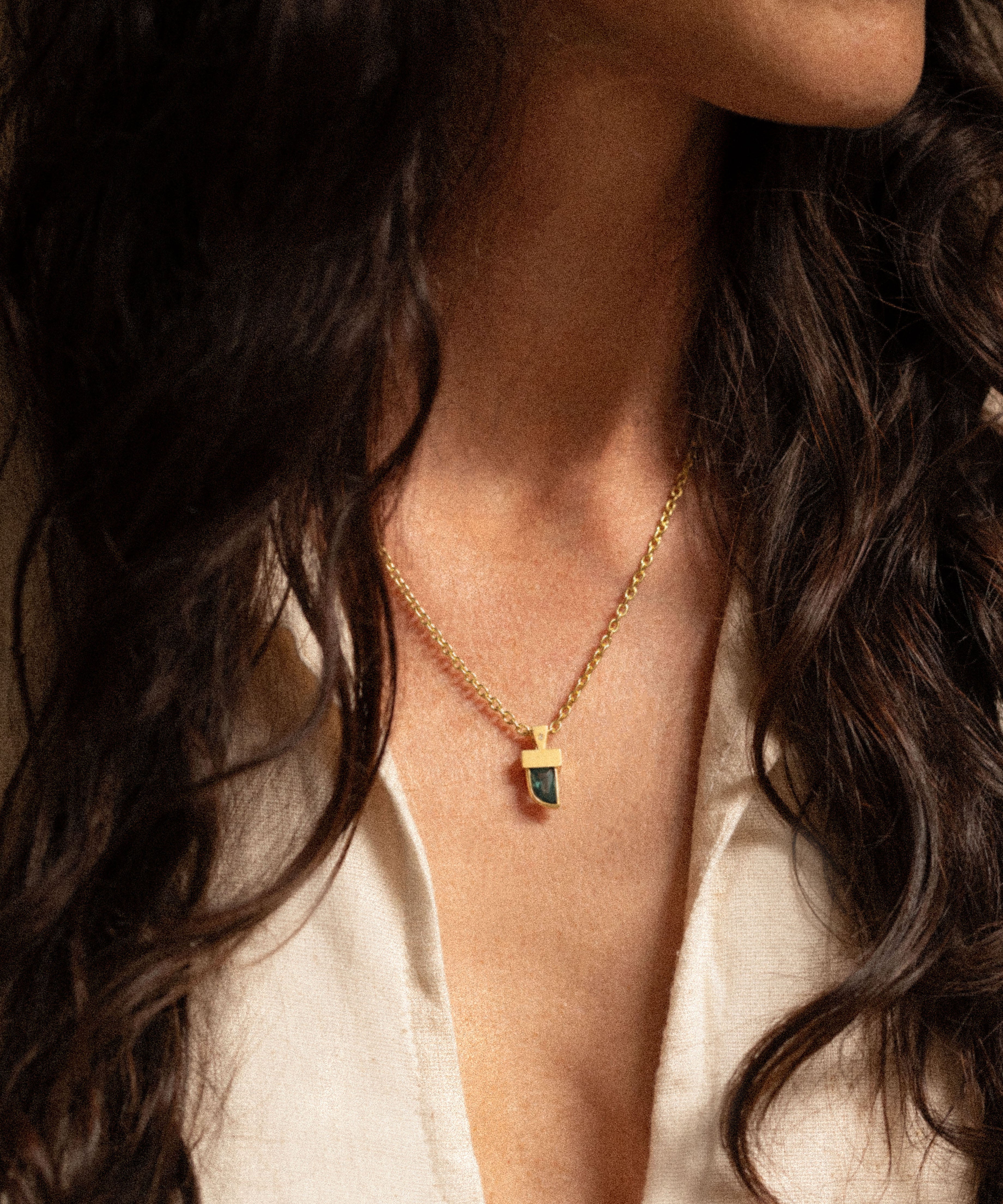 18K gold Leo pendant necklace worn — artisan handcrafted fine jewelry — Sun Rae