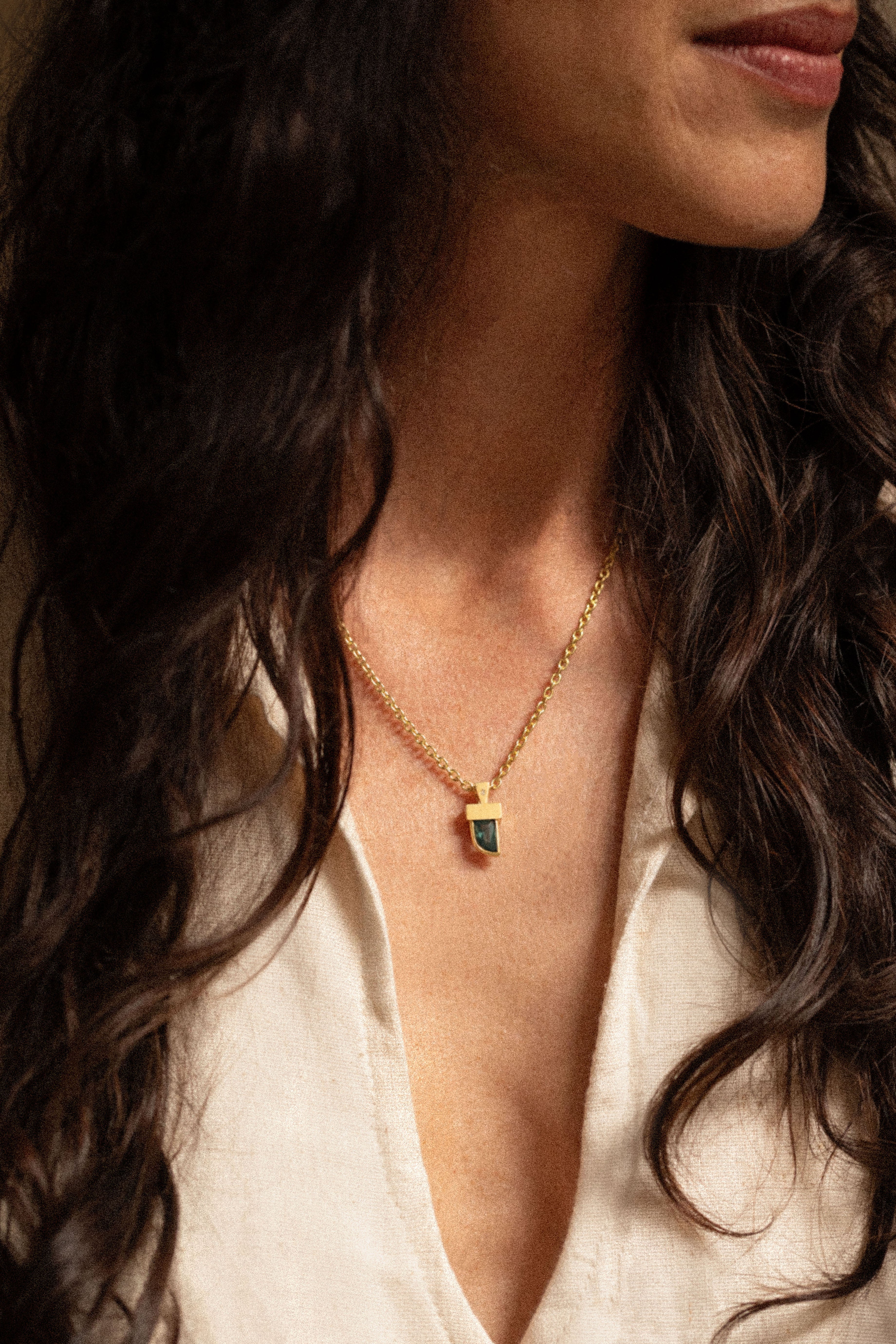 18K gold Leo pendant necklace worn — artisan handcrafted fine jewelry — Sun Rae