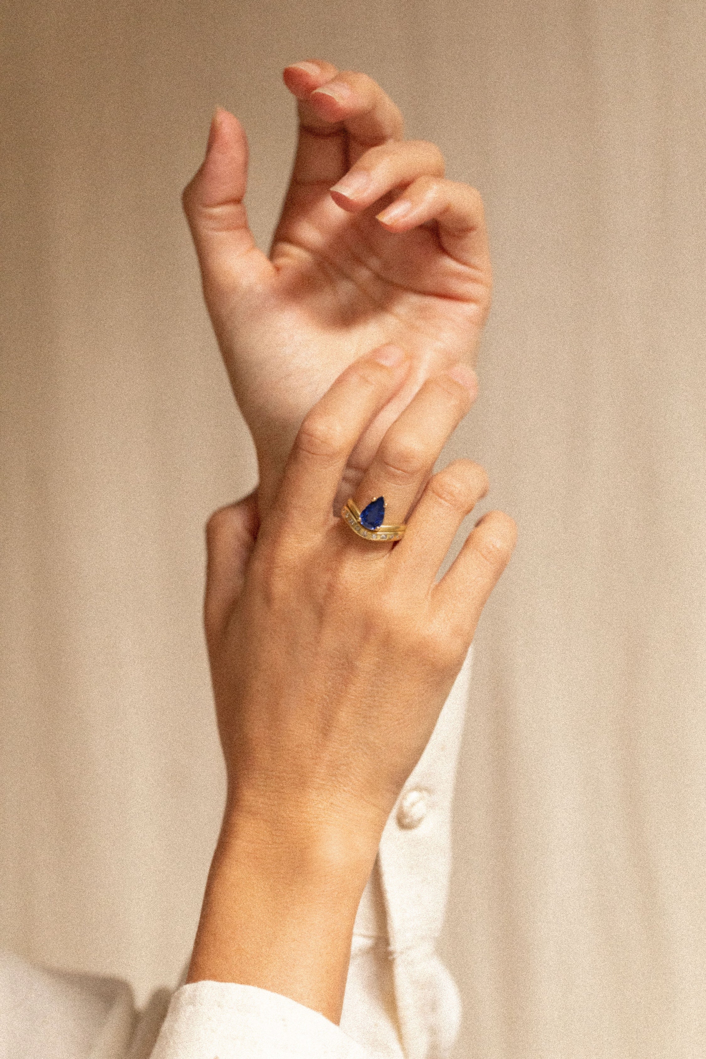 18K gold Neptune ring with blue sapphire worn with Orbit Band— handcrafted gemstone ring — artisan jewelry Sri Lanka — Sun Rae
