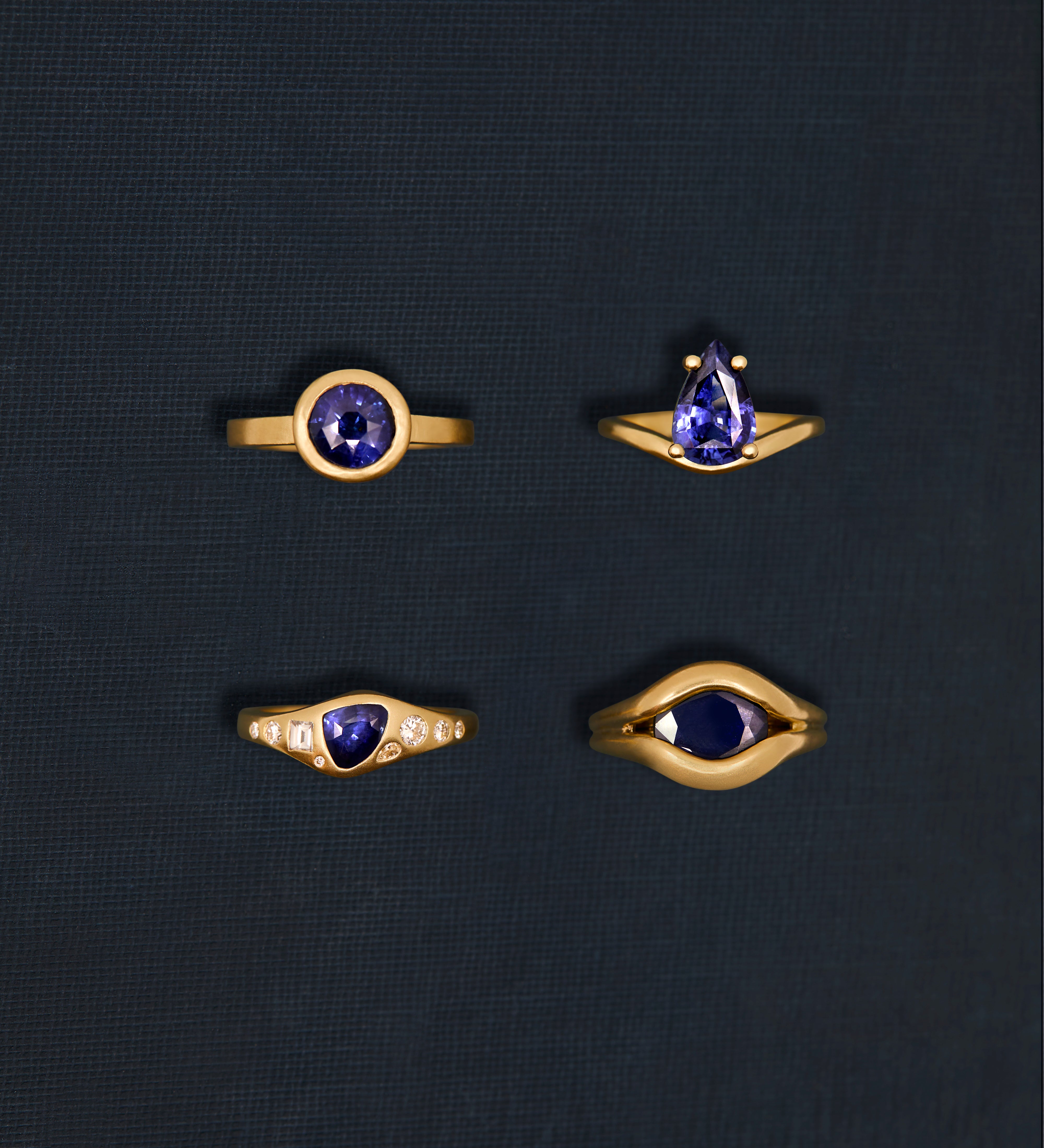 18K gold with blue sapphires and diamonds — handcrafted diamond ring — artisan fine jewelry — Sun Rae
