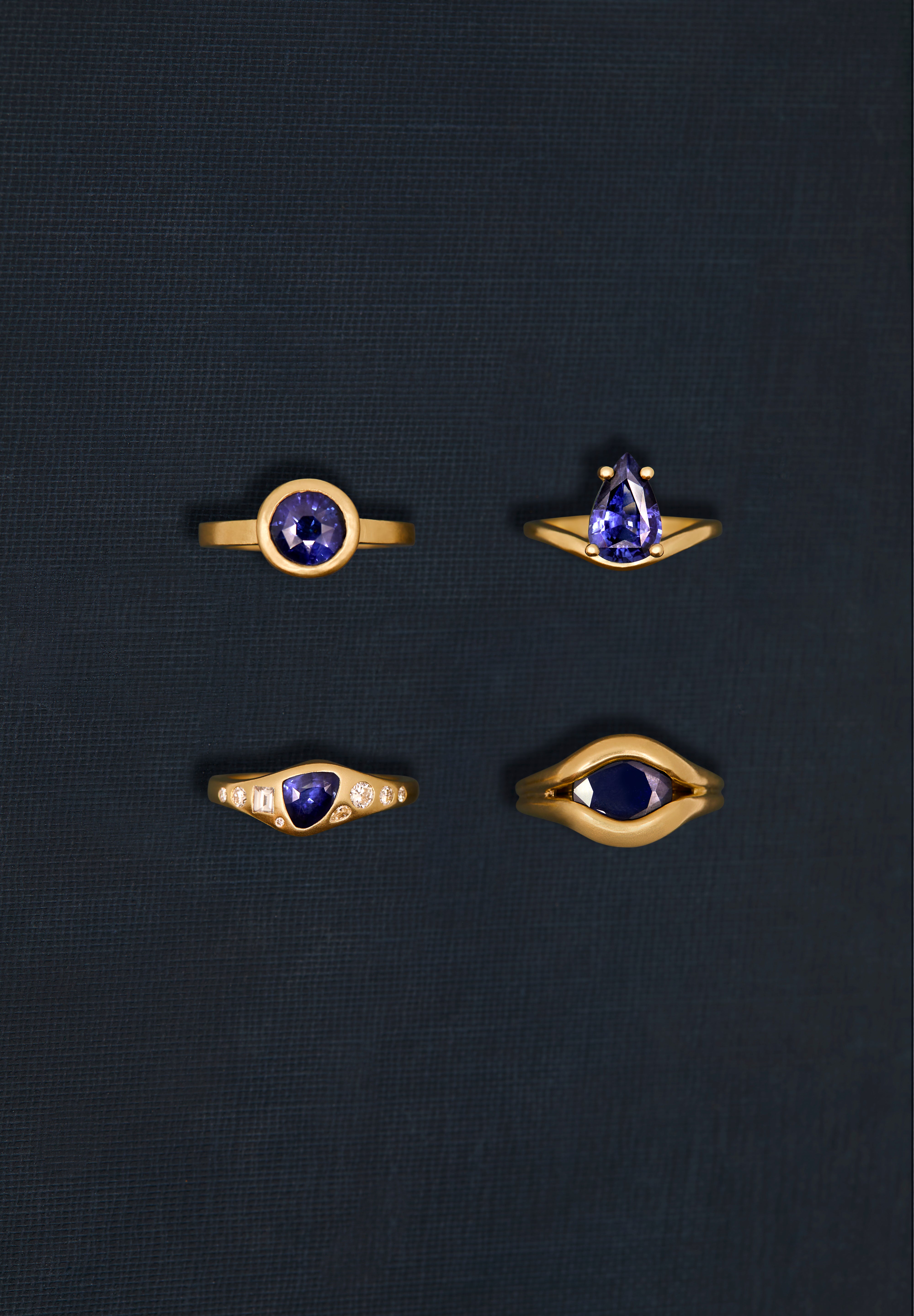 18K gold with blue sapphires and diamonds — handcrafted diamond ring — artisan fine jewelry — Sun Rae