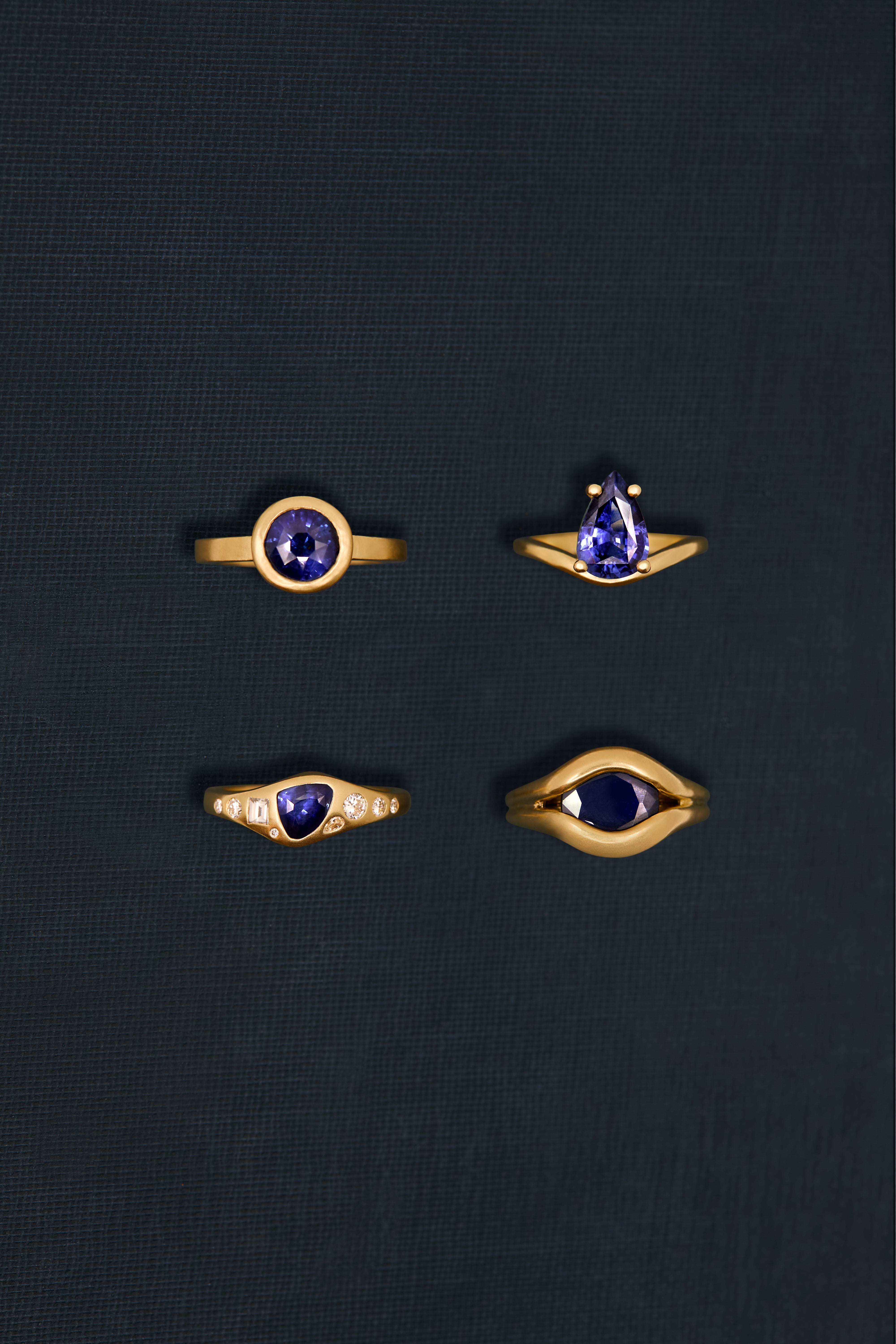 18K gold with blue sapphires and diamonds — handcrafted diamond ring — artisan fine jewelry — Sun Rae