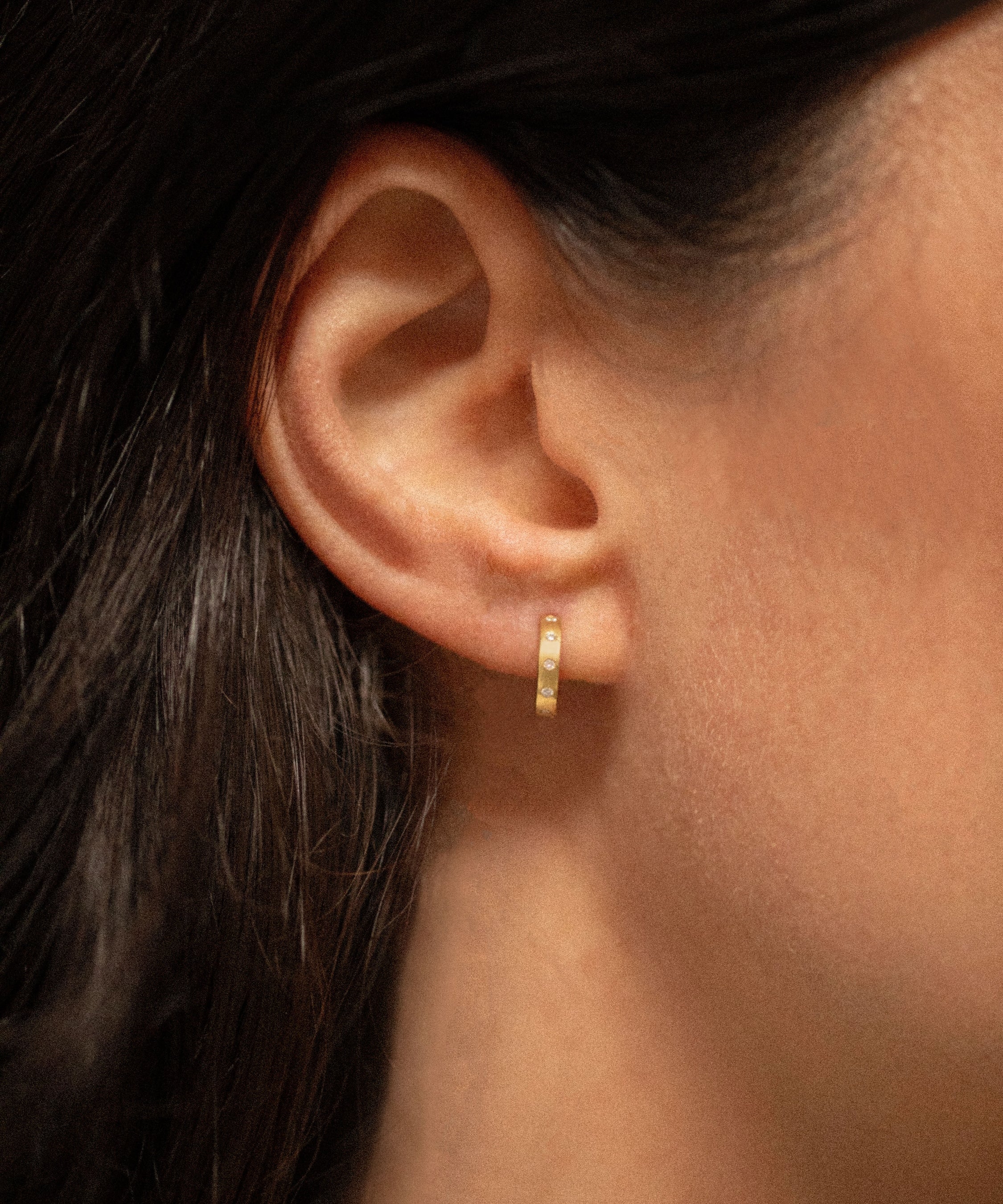 18K gold Stella huggie earrings with diamonds — handcrafted diamond huggie earrings — Sun Rae
