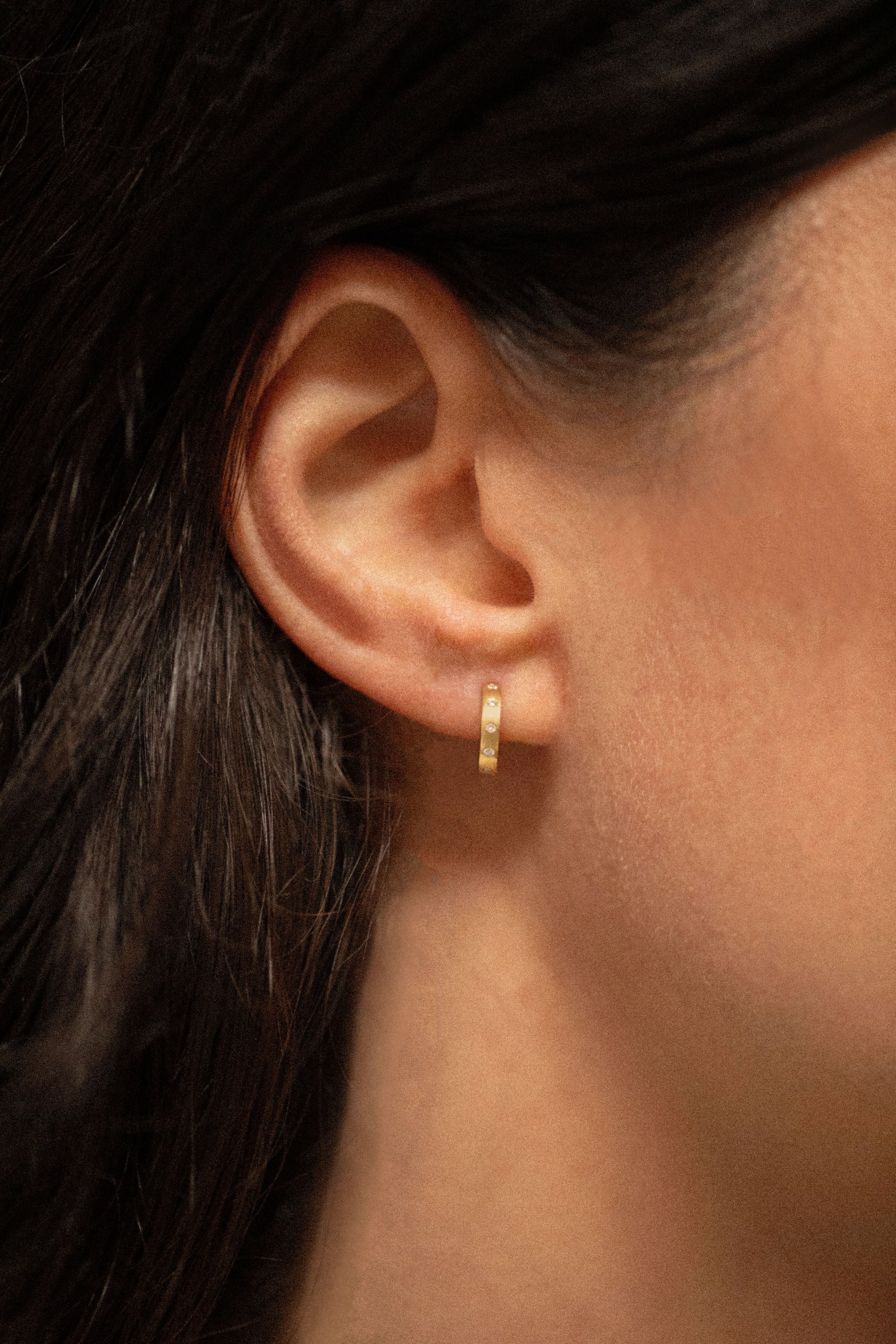 18K gold Stella huggie earrings with diamonds — handcrafted diamond huggie earrings — Sun Rae