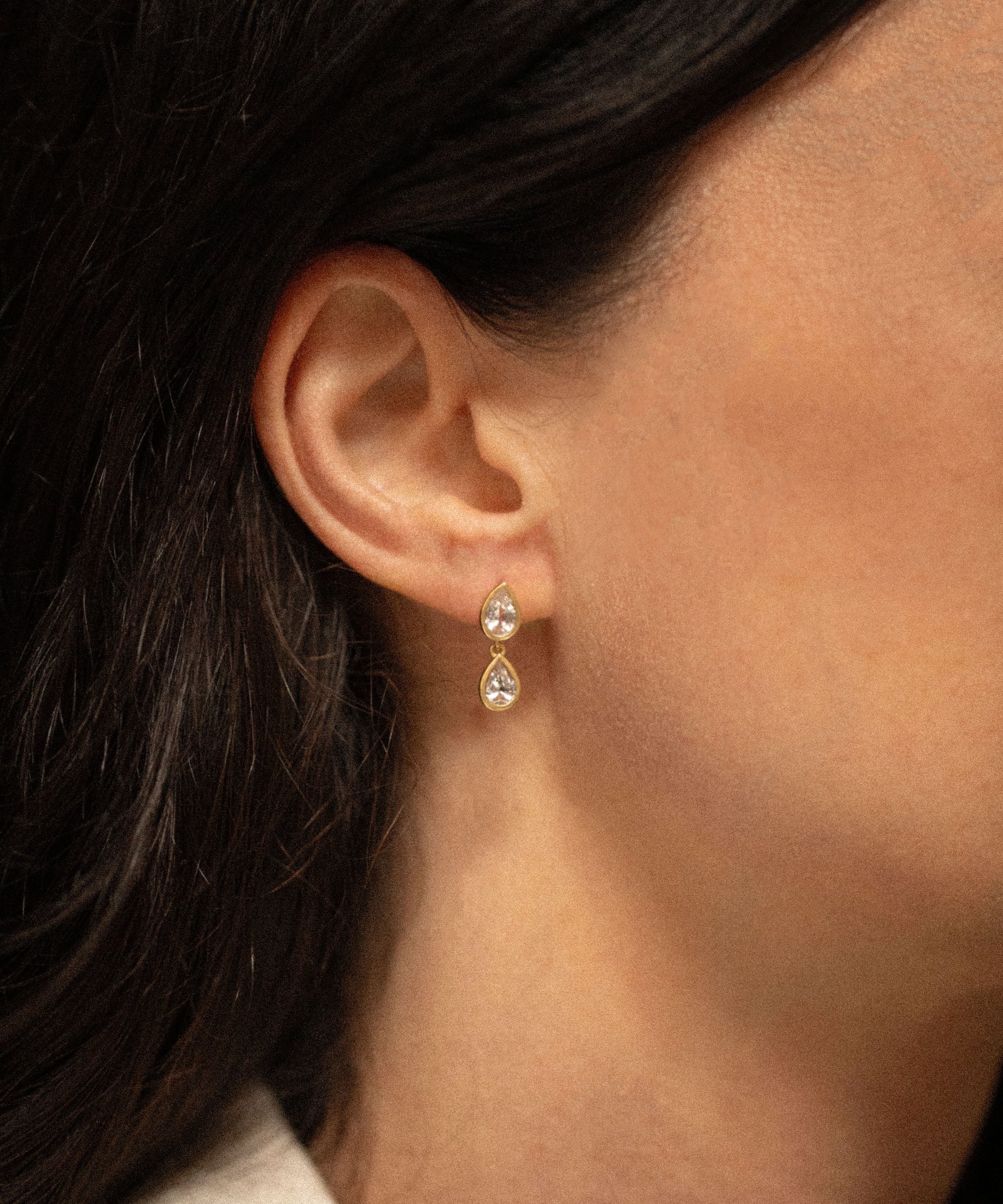 18K gold Sundrop sapphire earrings worn — White Sapphire — artisan handcrafted fine earrings — Sun Rae