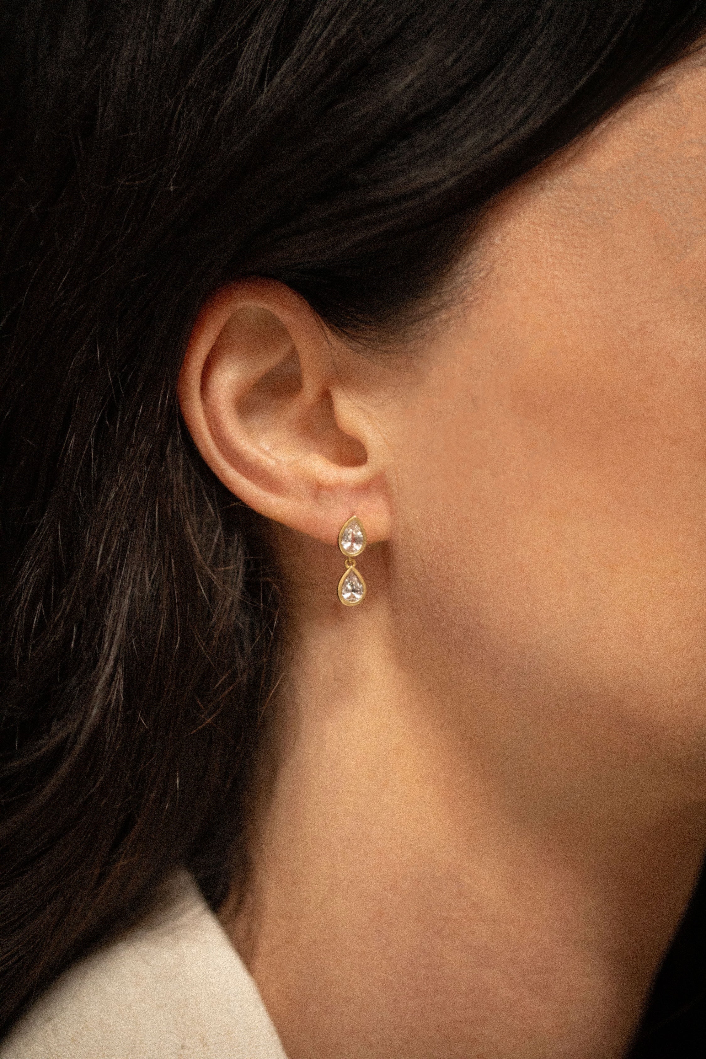 18K gold Sundrop sapphire earrings worn — White Sapphire — artisan handcrafted fine earrings — Sun Rae
