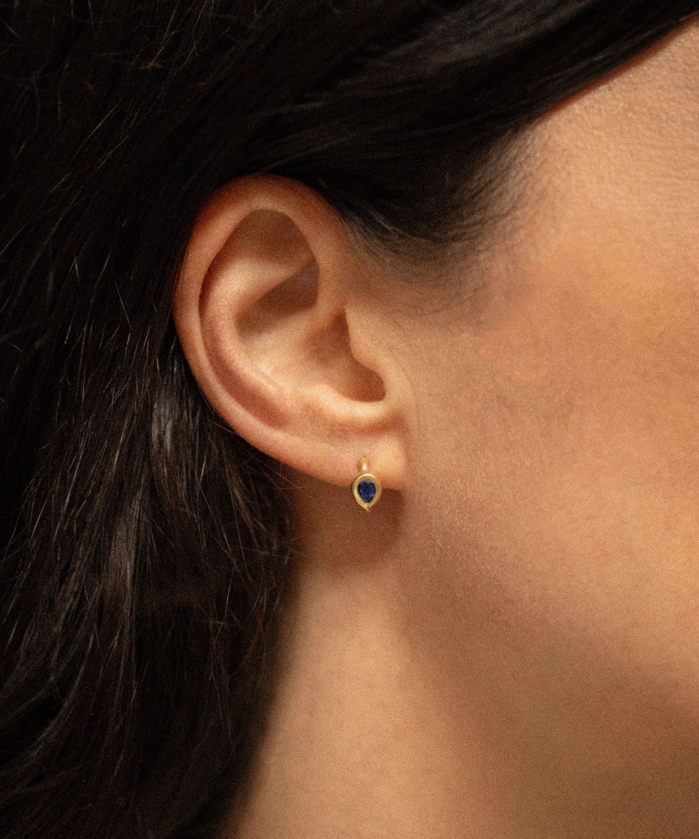 18K gold huggie earrings with blue sapphire — handcrafted gemstone earrings — Sun Rae