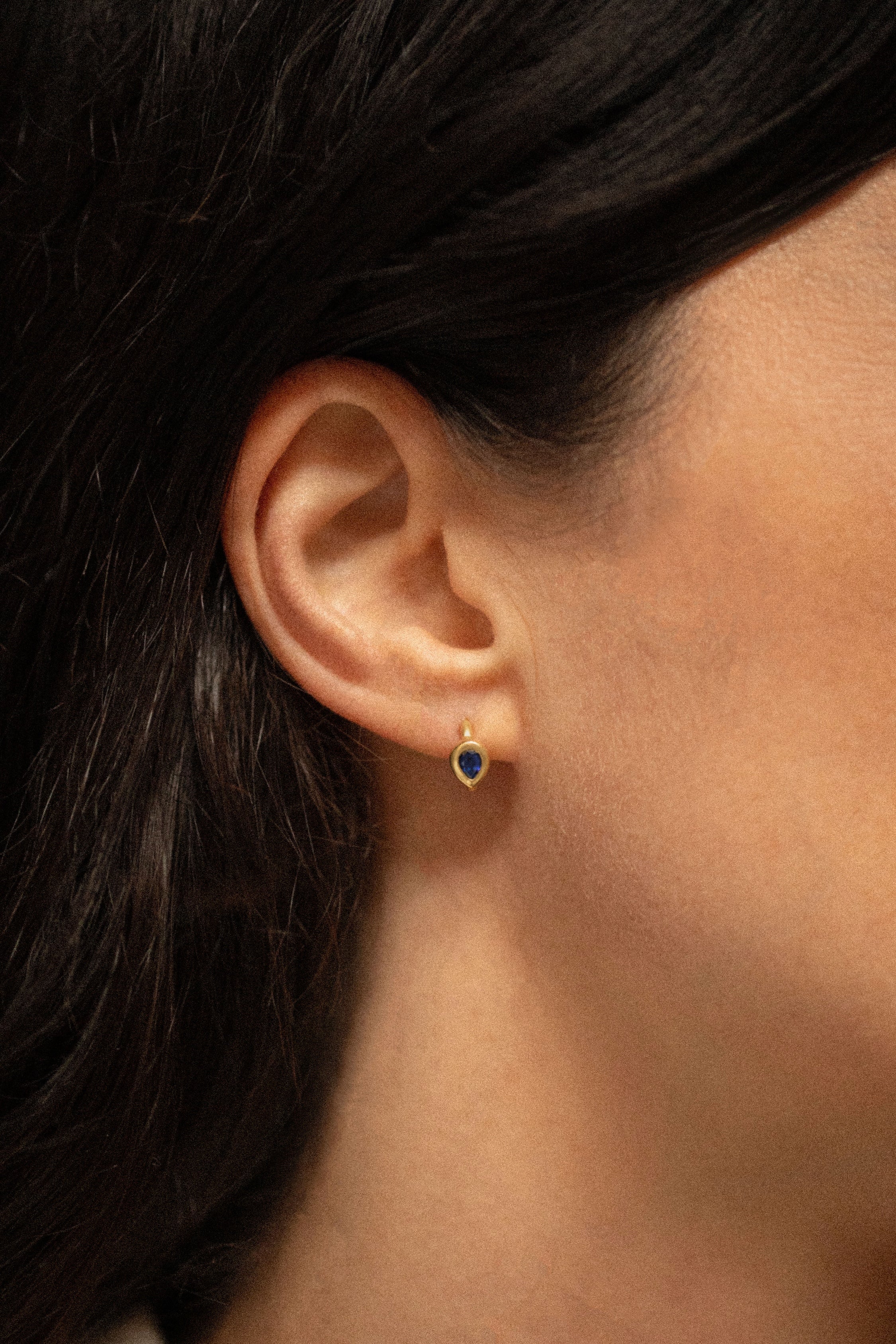 18K gold huggie earrings with blue sapphire — handcrafted gemstone earrings — Sun Rae
