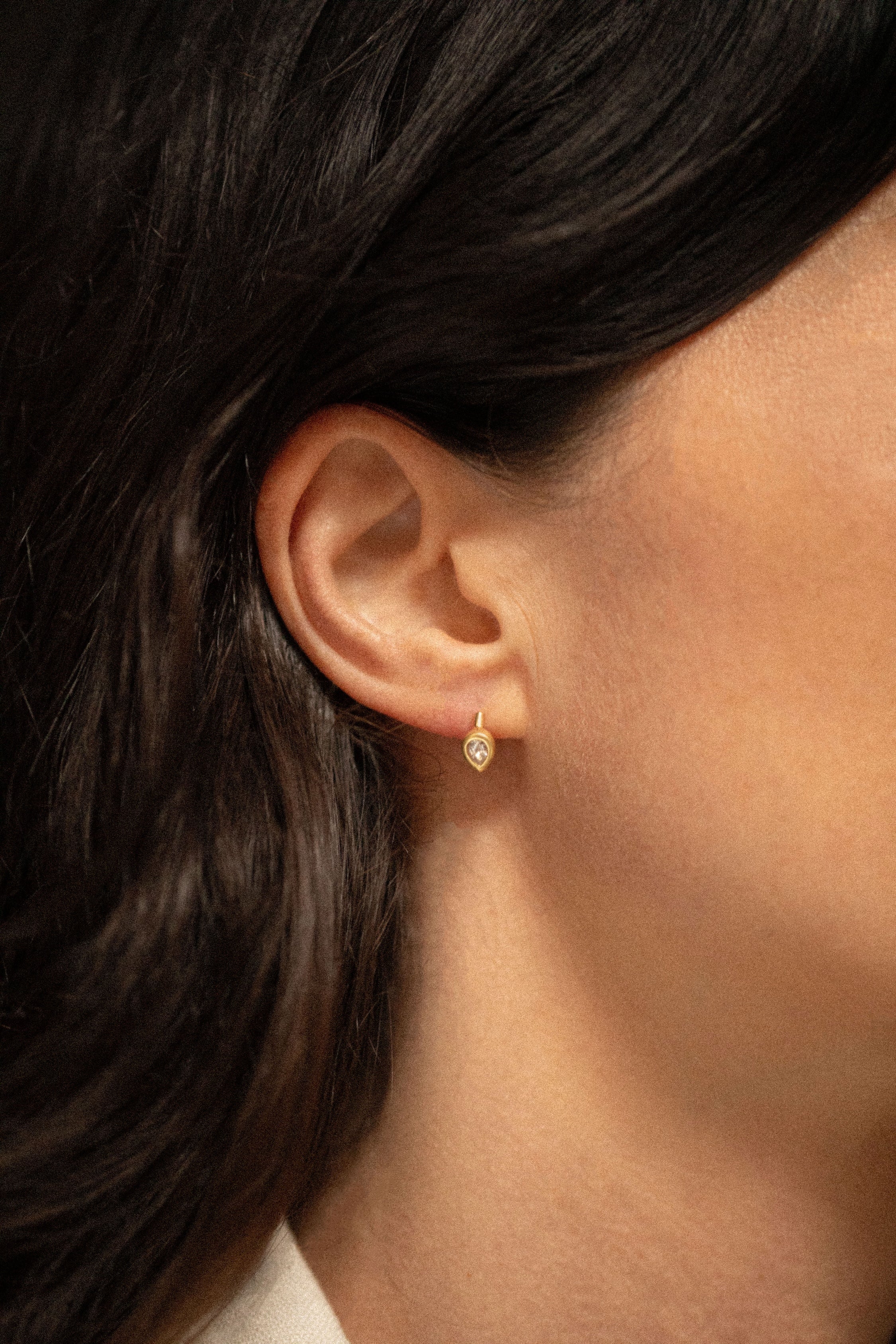 18K gold eternity earrings — White Sapphire handcrafted gold earrings — artisan jewelry Sri Lanka — Sun Rae