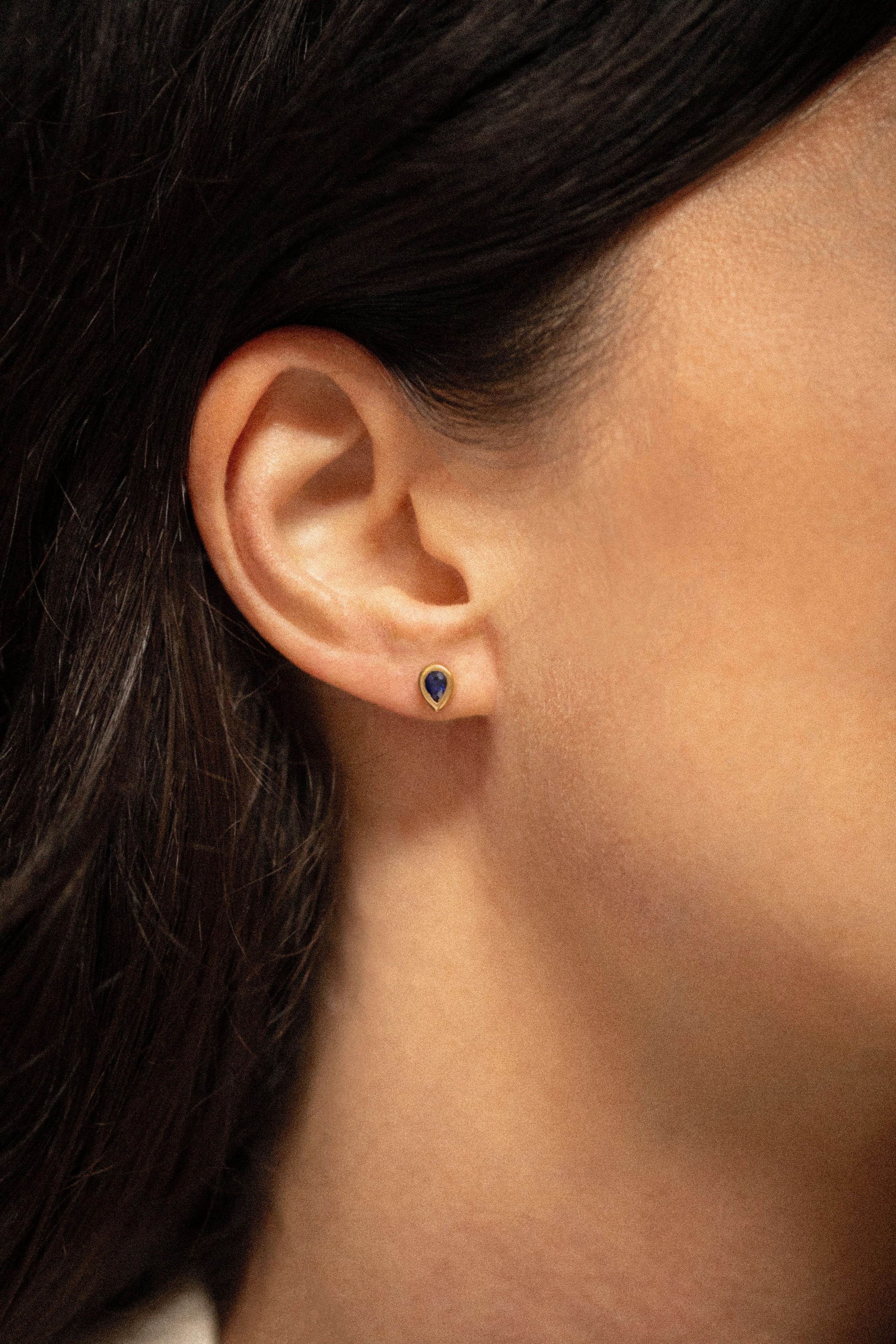 18K gold stud earrings with blue sapphire — handcrafted gemstone studs — Sun Rae